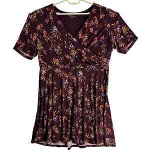 Coldwater Creek Midi Dress Plus 1X Burgundy Floral V-Neck Short Sleeves Babydoll